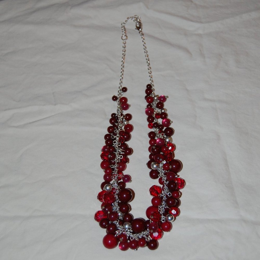 RED and SILVER Bead Cluster Necklace 11" Long